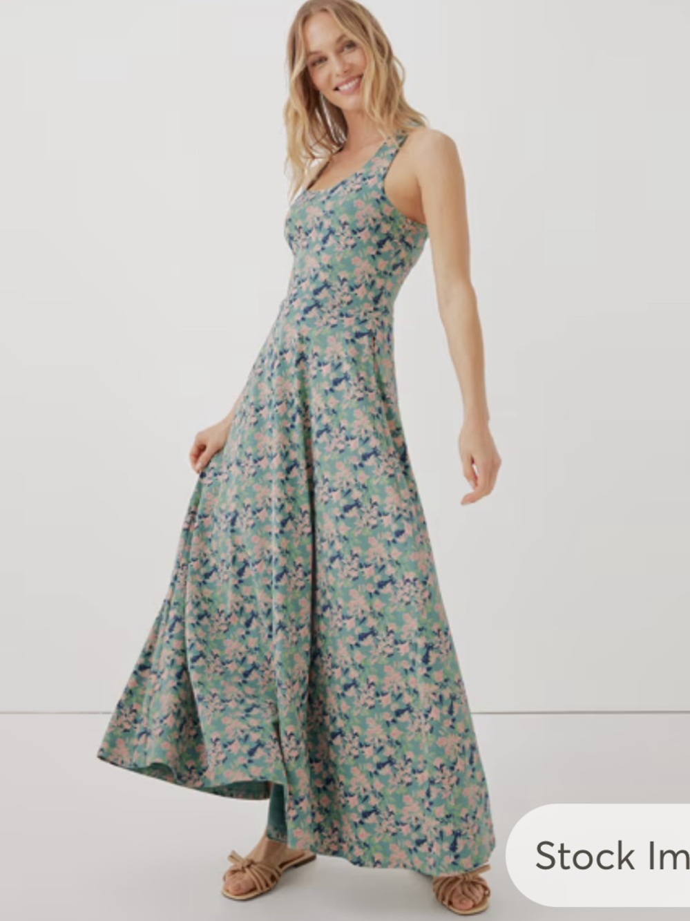 Pact Floral Maxi Dress Fit and Flare Green Pink Scoop Neck